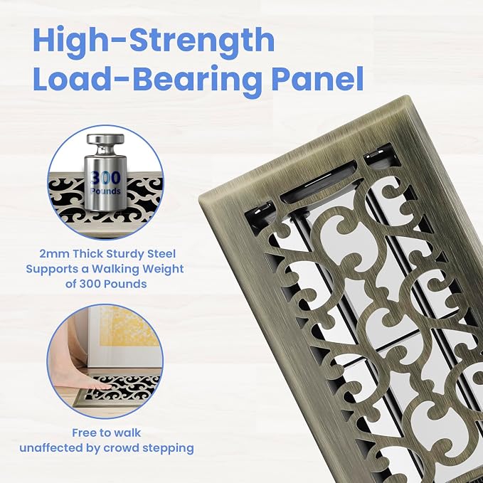 4x8 Inches Heavy Duty Walkable Floor Register - Easy Adjust Air Supply Lever Decorative Floor Vent Covers, Savannah Design