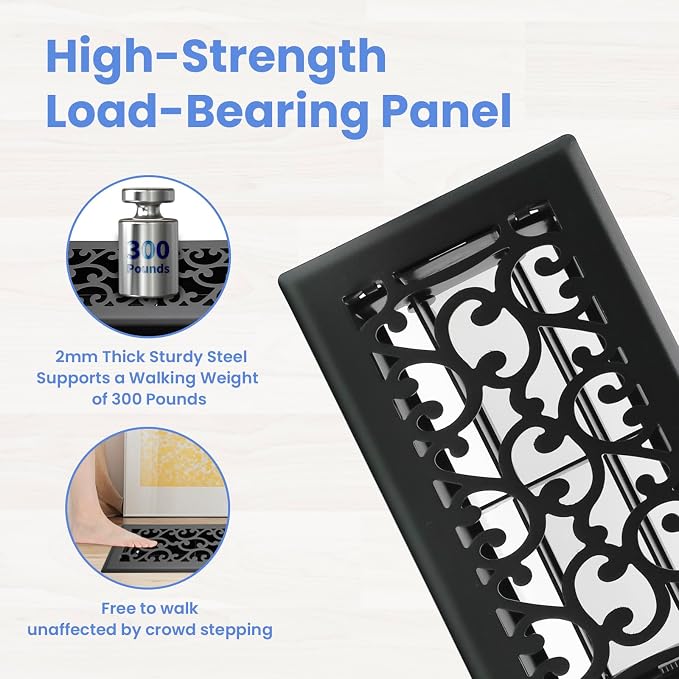 4x8 Inches Heavy Duty Walkable Floor Register - Easy Adjust Air Supply Lever Decorative Floor Vent Covers, Savannah Design