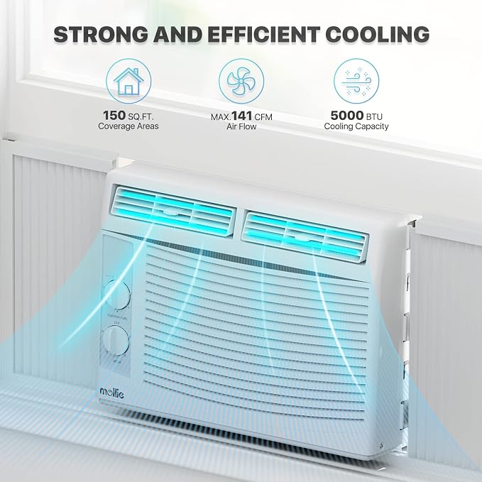 5,000 BTU Window Air Conditioner with Mechanical Controls and easy-to-Clean Washable Filter, Cool up to 150 Sq. Ft. For