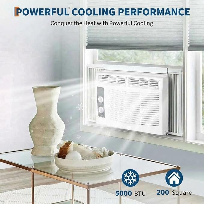 5,000 BTU Window Air Conditioner with Smart App & Remote, 3-in-1 Cooling, Cools Up to 200 Sq.Ft, Energy Efficient, 3 Fan