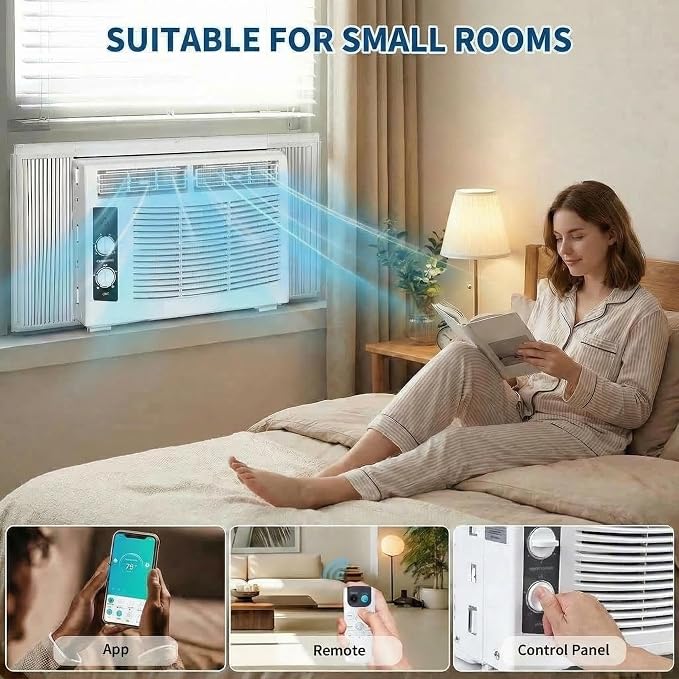5,000 BTU Window Air Conditioner with Smart App & Remote, 3-in-1 Cooling, Cools Up to 200 Sq.Ft, Energy Efficient, 3 Fan