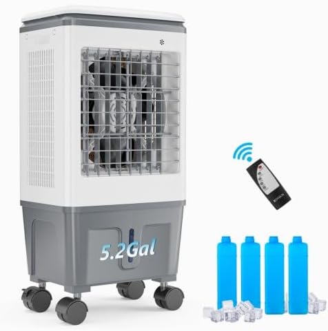 5.2Gal Portable Swamp Cooler, 1400CFM Evaporative Air Cooler, 3-IN-1 Cooling Fan with Remote Control, 12H Timer & 4 Ice Box