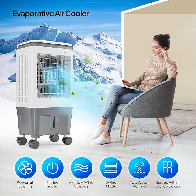 5.2Gal Portable Swamp Cooler, 1400CFM Evaporative Air Cooler, 3-IN-1 Cooling Fan with Remote Control, 12H Timer & 4 Ice Box