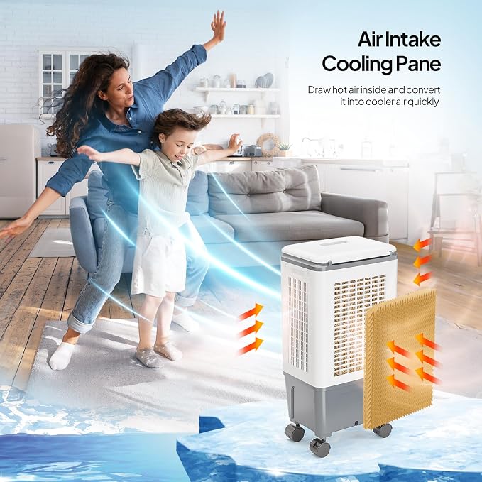5.2Gal Portable Swamp Cooler, 1400CFM Evaporative Air Cooler, 3-IN-1 Cooling Fan with Remote Control, 12H Timer & 4 Ice Box