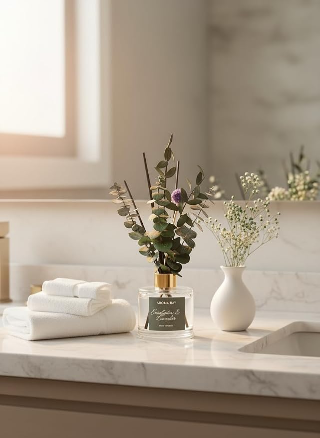 5.7 fl oz Eucalyptus Lavender Reed Diffuser Set, Glass Bottle with Preserved Flowers, Natural Home Fragrance for Bedroom