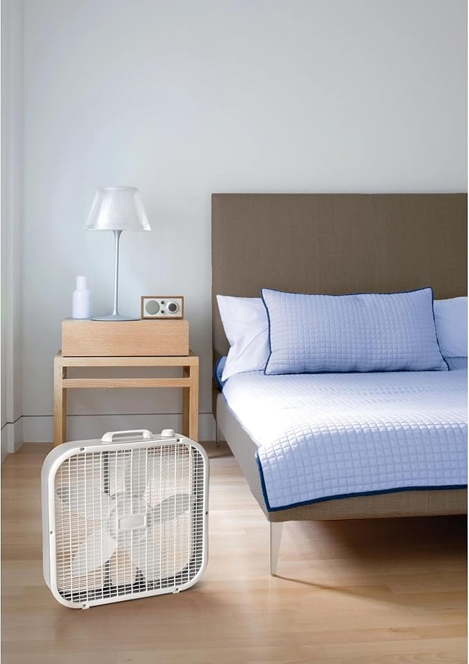 5-Blade Box Fan, 20-inch, Three-Speed Weatherproof Motor, Quiet Operation, Handle Included, Height 22.5 inches, Durable and