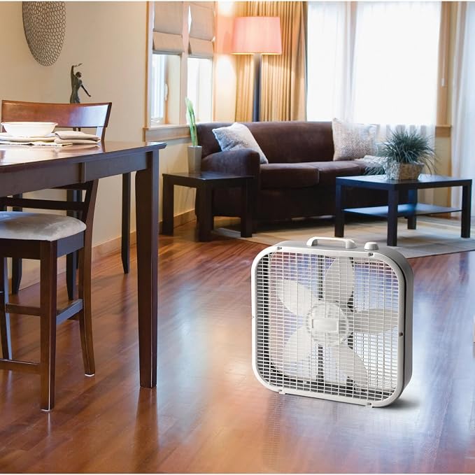 5-Blade Box Fan, 20-inch, Three-Speed Weatherproof Motor, Quiet Operation, Handle Included, Height 22.5 inches, Durable and