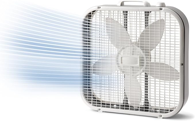 5-Blade Box Fan, 20-inch, Three-Speed Weatherproof Motor, Quiet Operation, Handle Included, Height 22.5 inches, Durable and