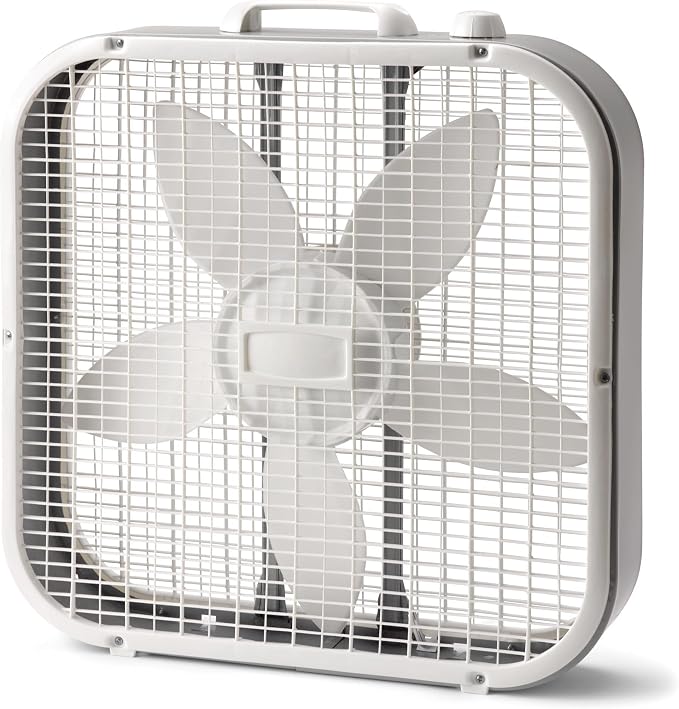 5-Blade Box Fan, 20-inch, Three-Speed Weatherproof Motor, Quiet Operation, Handle Included, Height 22.5 inches, Durable and