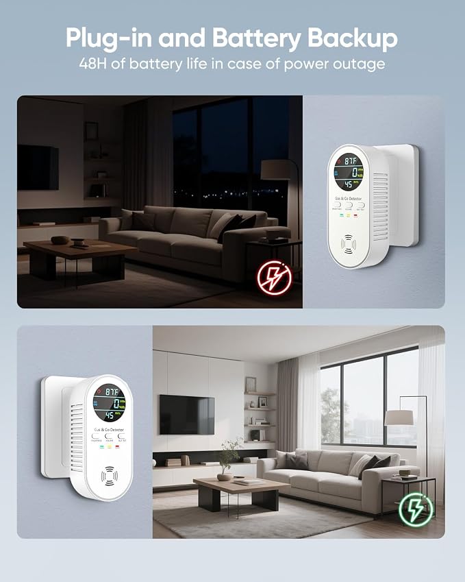 5-in-1 Carbon Monoxide Detectors, Natural Gas Leak Detector, Plug-in & Battery Backup CO Detector, HD Digital, alternate view