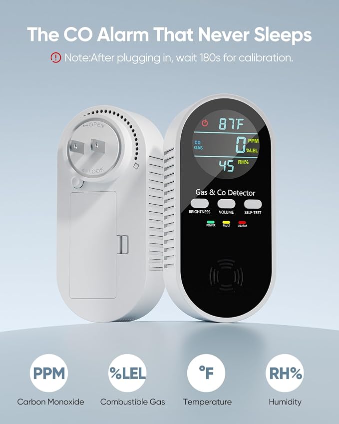 5-in-1 Carbon Monoxide Detectors, Natural Gas Leak Detector, Plug-in & Battery Backup Co Detector, HD Digital, alternate view