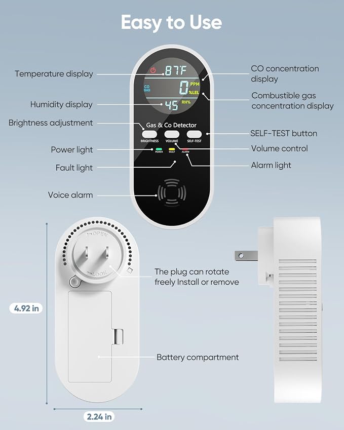 5-in-1 Carbon Monoxide Detectors, Natural Gas Leak Detector, Plug-in & Battery Backup Co Detector, HD Digital, alternate view