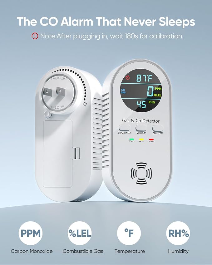 5-in-1 Carbon Monoxide Detectors, Natural Gas Leak Detector, Plug-in & Battery Backup Co Detector, HD Digital, alternate view