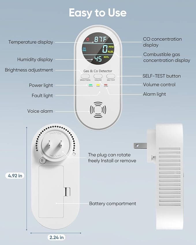 5-in-1 Carbon Monoxide Detectors, Natural Gas Leak Detector, Plug-in & Battery Backup Co Detector, HD Digital, alternate view