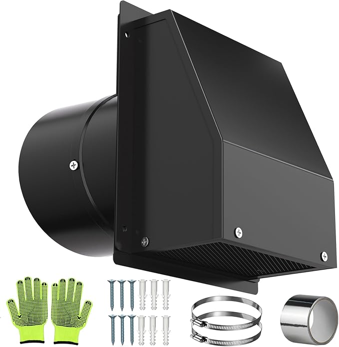 5 Inch Dryer Vent Cover, Vent Covers for Wall, Hooded Wall Vent with Screen and Damper Black Galvanized Steel Air Exhaust
