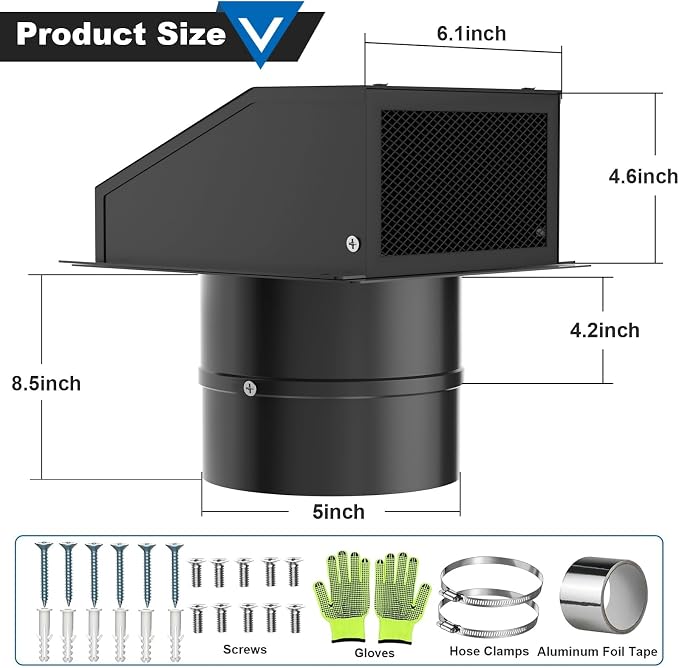 5 Inch Dryer Vent Cover, Vent Covers for Wall, Hooded Wall Vent with Screen and Damper Black Galvanized Steel Air Exhaust
