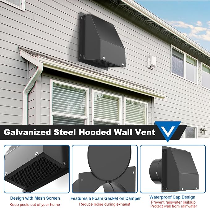 5 Inch Dryer Vent Cover, Vent Covers for Wall, Hooded Wall Vent with Screen and Damper Black Galvanized Steel Air Exhaust