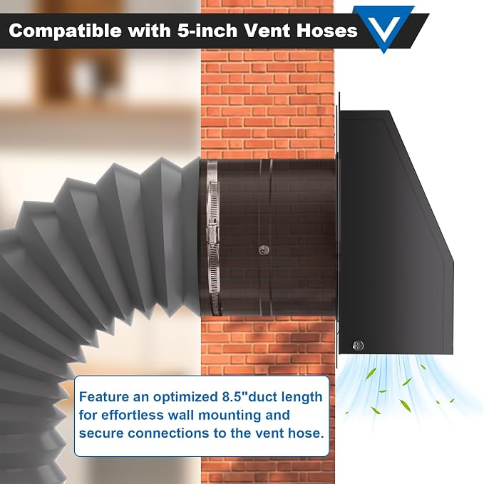 5 Inch Dryer Vent Cover, Vent Covers for Wall, Hooded Wall Vent with Screen and Damper Black Galvanized Steel Air Exhaust