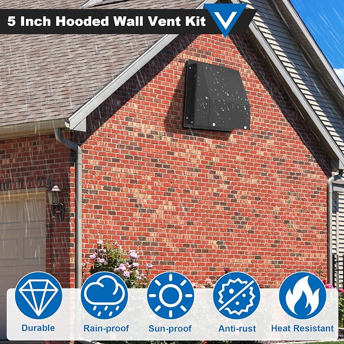 5 Inch Dryer Vent Cover, Vent Covers for Wall, Hooded Wall Vent with Screen and Damper Black Galvanized Steel Air Exhaust