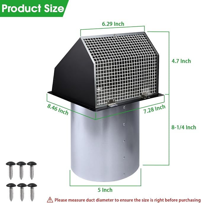 5 Inch Hooded Wall Vent with Screen and Damper,5"Exhaust Vent Dryer Vent Cover Outside,5" Vent Cover Exterior Wall Vent Cap