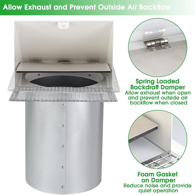 5 Inch Hooded Wall Vent with Screen and Damper,5'' Wall Vent Cover Exhaust Vent Cover Cap,Exterior Dryer Vent Cover Hood for