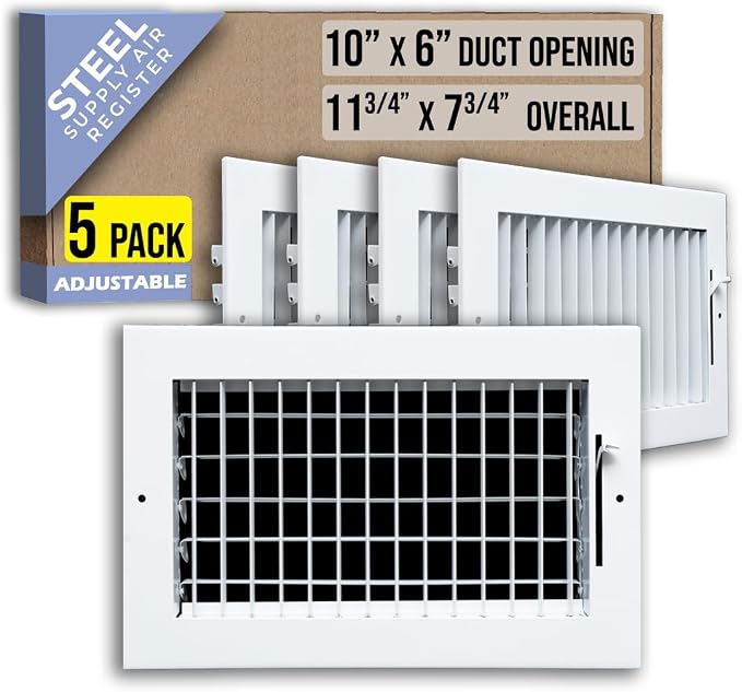 5 Pack] Fits 10x6 Duct Opening Steel Adjustable Air Supply Grille by | Register Vent Cover Grill for Sidewall and Ceiling |