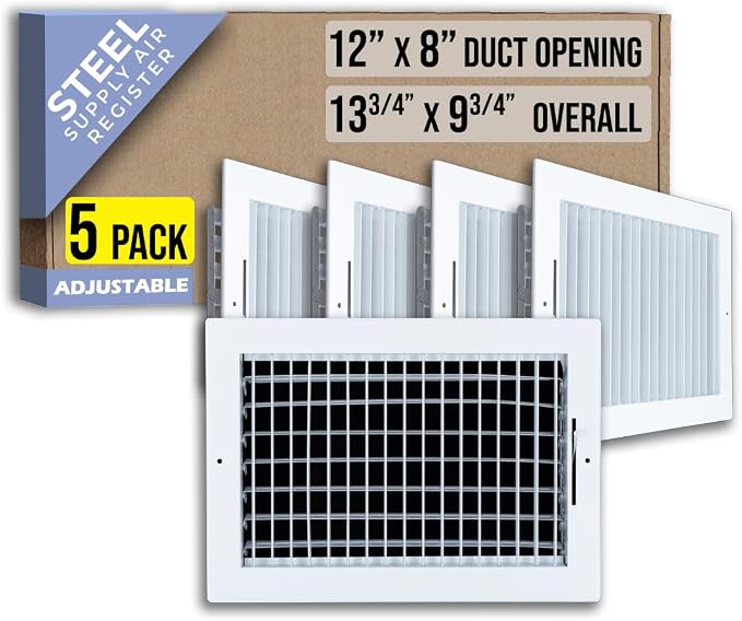 5 Pack] Fits 12x8 Duct Opening Steel Adjustable Air Supply Grille by | Register Vent Cover Grill for Sidewall and Ceiling |