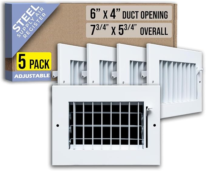 5 Pack] Fits 6x4 Duct Opening Steel Adjustable Air Supply Grille by | Register Vent Cover Grill for Sidewall and Ceiling |
