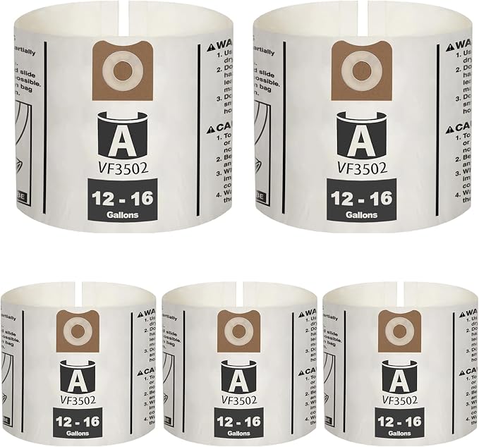 5 Pack VF3502 Replacement for Rigid Bags Size A, compatible with 12-16 Gallon Wet/Dry Vacuums, Part# 23743