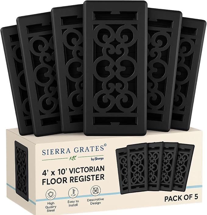 5 pcs, Precision Flow 4"x10" Steel Floor Register - Victorian Design, Textured Black Finish - Premium Home Vent Covers