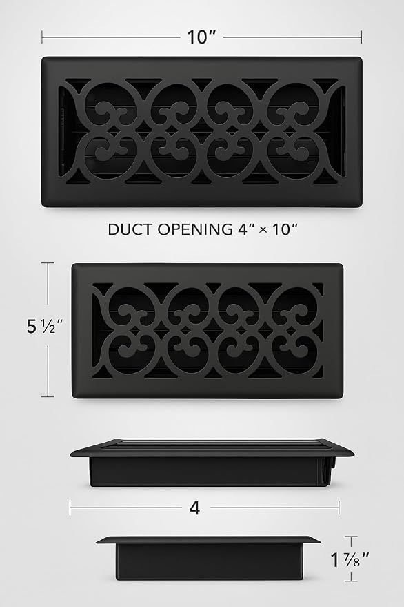 5 pcs, Precision Flow 4"x10" Steel Floor Register - Victorian Design, Textured Black Finish - Premium Home Vent Covers