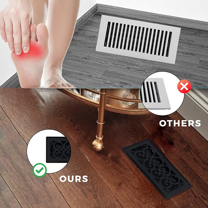 5 pcs, Precision Flow 4"x10" Steel Floor Register - Victorian Design, Textured Black Finish - Premium Home Vent Covers