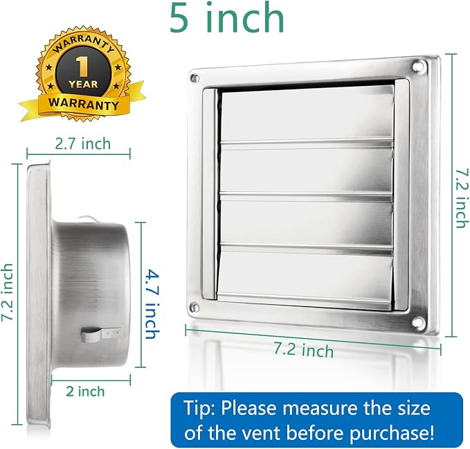 5" Upgrade Louvered Dryer Air Vent Cap, Premium 304 Stainless Steel Outside Vent Cover with 4 Screws Rubber Gasket, Metal