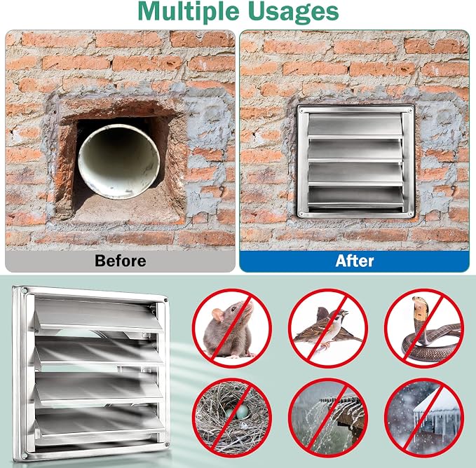 5" Upgrade Louvered Dryer Air Vent Cap, Premium 304 Stainless Steel Outside Vent Cover with 4 Screws Rubber Gasket, Metal