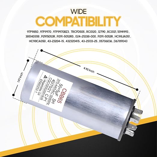 50+5 uF 50/5 MFD 370V/440V CBB65B Dual Run Round Capacitor 50/60 Hz - Replacement for AC Motor Run or Fan Start, alternate