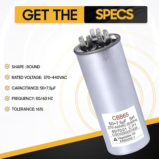 50+7.5 uF 50/7.5 MFD 370V/440V CBB65B Dual Run Round Capacitor 50/60 Hz - Replacement for AC Motor Run or Fan, alternate view