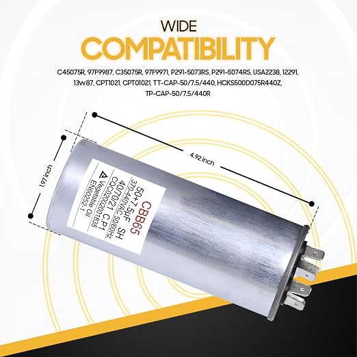 50+7.5 uF 50/7.5 MFD 370V/440V CBB65B Dual Run Round Capacitor 50/60 Hz - Replacement for AC Motor Run or Fan, alternate view