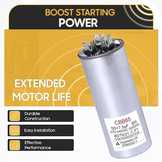 50+7.5 uF 50/7.5 MFD 370V/440V CBB65B Dual Run Round Capacitor 50/60 Hz - Replacement for AC Motor Run or Fan, alternate view