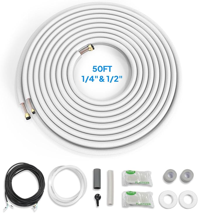 50 Ft Mini Split Line Set, 1/4" & 1/2" O.D. Flared Copper Tubing Pipes & 3/8" Thickened PE Insulated Coil with Nuts &