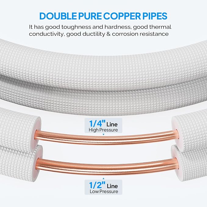 50 Ft Mini Split Line Set, 1/4" & 1/2" O.D. Flared Copper Tubing Pipes & 3/8" Thickened PE Insulated Coil with Nuts &