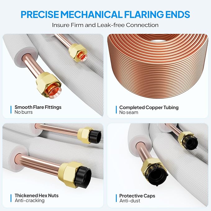 50 Ft Mini Split Line Set, 1/4" & 1/2" O.D. Flared Copper Tubing Pipes & 3/8" Thickened PE Insulated Coil with Nuts &
