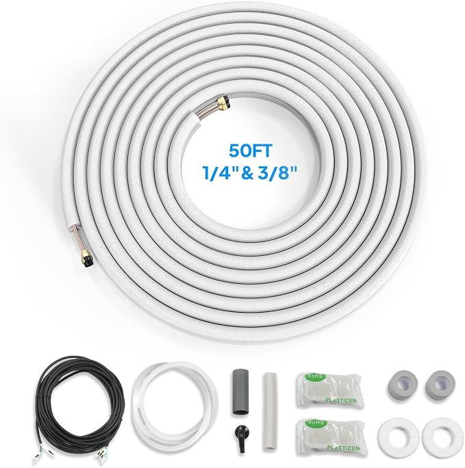50 Ft Mini Split Line Set, 1/4" & 3/8" O.D. Flared Copper Tubing Pipes and 3/8" Thickened PE Insulated Coil with Nuts & Kit