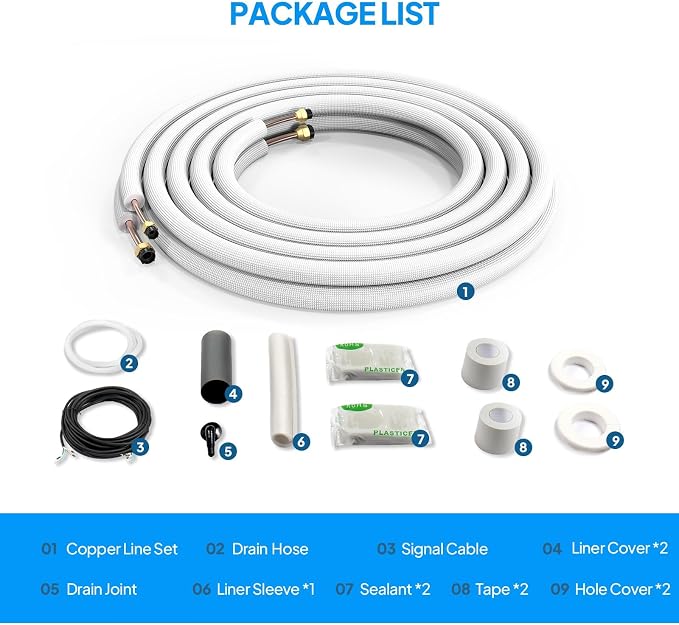 50 Ft Mini Split Line Set, 1/4" & 3/8" O.D. Flared Copper Tubing Pipes and 3/8" Thickened PE Insulated Coil with Nuts & Kit