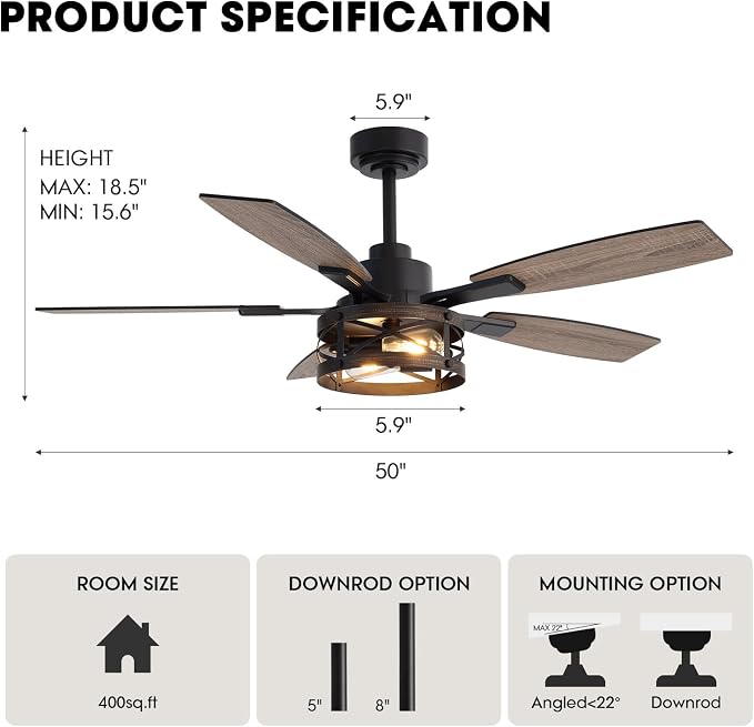 50 Inch Ceiling Fans with Lights and Remote & APP Control, Farmhouse Ceiling Fan with LED Lighting for Bedroom Living Room