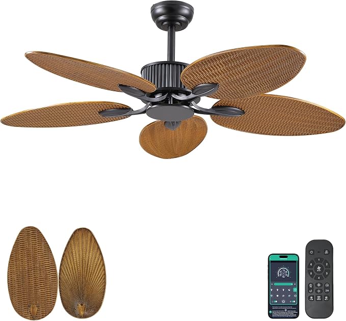 50 Inch Tropical Ceiling Fan no Light, Palm Leaf Waterproof Outdoor Ceiling Fans for Patios Porch, Remote/APP Control, Wet