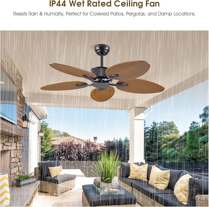 50 Inch Tropical Ceiling Fan no Light, Palm Leaf Waterproof Outdoor Ceiling Fans for Patios Porch, Remote/APP Control, Wet
