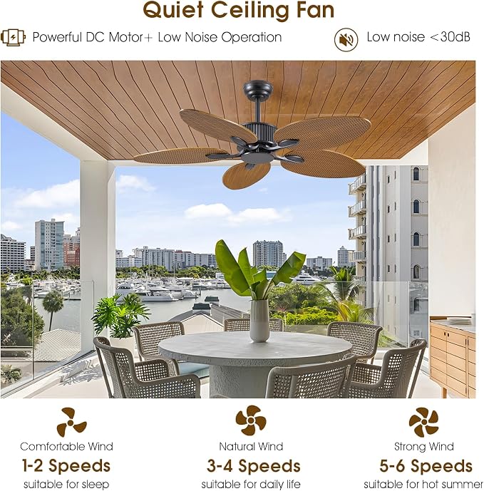 50 Inch Tropical Ceiling Fan no Light, Palm Leaf Waterproof Outdoor Ceiling Fans for Patios Porch, Remote/APP Control, Wet