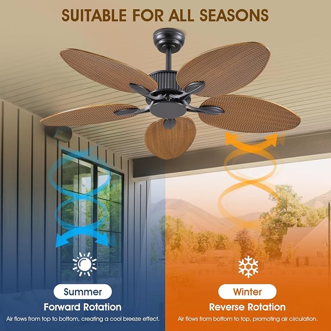50 Inch Tropical Ceiling Fan no Light, Palm Leaf Waterproof Outdoor Ceiling Fans for Patios Porch, Remote/APP Control, Wet