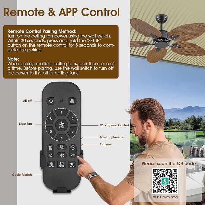 50 Inch Tropical Ceiling Fan no Light, Palm Leaf Waterproof Outdoor Ceiling Fans for Patios Porch, Remote/APP Control, Wet