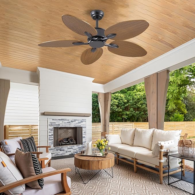 50 Inch Tropical Ceiling Fan no Light, Palm Leaf Waterproof Outdoor Ceiling Fans for Patios Porch, Remote/APP Control, Wet